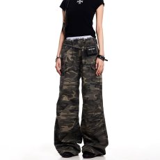 批发<b class='q'>欧美</b>风宽松大码迷彩工装裤男女同款春夏季潮牌直筒休闲阔腿拖地裤