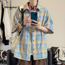批发格子<b class='q'>衬衫</b>男士夏季短袖休闲宽松外套2025新款美式复古潮流<b class='q'>衬衣</b>流行