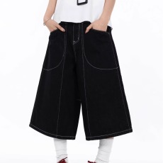 批发水洗黑色明线设计感牛仔<b class='q'>短裤</b><b class='q'>男</b>女夏季潮流街头宽松直筒阔腿<b class='q'>七分裤</b>