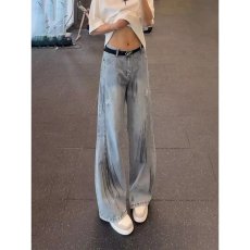 批发<b class='q'>大码</b>美式复古做旧裂纹牛仔直筒裤女夏季高腰宽松显瘦拖地阔腿<b class='q'>长裤</b>