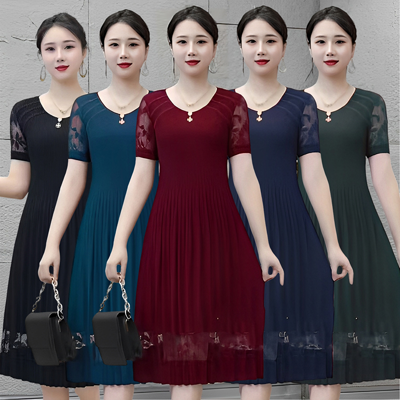 RY4437# 蕾丝拼接短袖百褶连衣裙女2026夏装新款中年大码时尚修身雪纺裙子