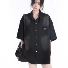 批发美式复古重工水洗<b class='q'>牛仔</b>短袖衬衫女夏季设计感宽松休闲半袖衬衣<b class='q'>外套</b>