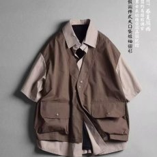 批发<b class='q'>男士</b>日系复古假两件马甲短袖<b class='q'>衬衫</b>2025夏季撞色拼接宽松休闲<b class='q'>衬衣</b>潮