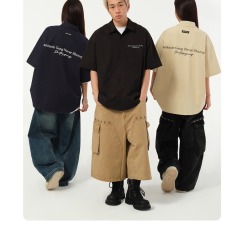 批发<b class='q'>男士</b>夏季单排扣深蓝色短袖翻领无品牌日系文艺潮流新款气质百搭