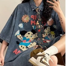 批发2025美式复古卡通刺绣牛仔短袖<b class='q'>衬衫</b><b class='q'>男</b>女同款夏季设计感宽松<b class='q'>衬衣</b>潮