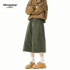 批发新款青少年水洗铆钉七分工装裤男女小众设计感阔腿裤过膝牛仔中裤