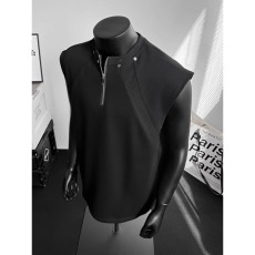 批发美式半拉链运动背心男款夏季高街痞帅设计感无袖T恤健身训练<b class='q'>汗衫</b>