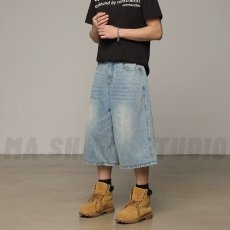 批发2025夏季新款美式复古宽松阔腿七分裤潮牌做旧直筒显瘦牛仔短裤<b class='q'>男</b>