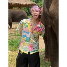 批发泰式慵懒度假风油画衬衫男女夏季短袖宽松休闲冰丝防晒衬衣薄外套
