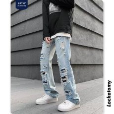 批发美式vibe高街刀割破洞<b class='q'>小脚牛仔裤</b>男女水洗做旧脚口拉链直筒长裤潮