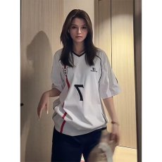 批发美式复古运动织带V领短袖<b class='q'>t</b><b class='q'>恤</b>女夏季撞色拼接速干棉凉感球服上衣潮