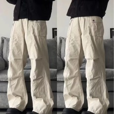 批发水洗多口袋工装休闲裤男夏季美式复古宽松百搭褶皱直筒阔腿长裤子