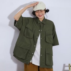 批发夏季日系复古多口袋军事风工装短袖衬衫女宽松<b class='q'>情侣</b><b class='q'>衬衣</b>潮牌外套