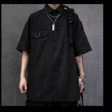 批发机能男装夏季新品休闲潮流设计感暗黑<b class='q'>百搭</b>黑色短袖高街衬衫衬衣男