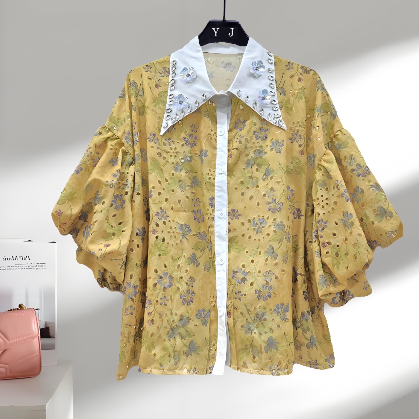 设计感重工镶钻亮片刺绣设计感衬衫女夏季新款气质衬衣上衣 服裝批發女裝批發服飾貨源