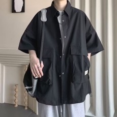 批发男士短袖夏季廓形立体口袋山系户外衬衫宽松痞帅<b class='q'>工装</b>休闲衬衣<b class='q'>外套</b>