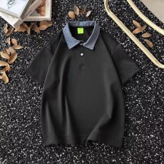 批发千鸟格拼接polo衫短<b class='q'>袖</b>男款美式老钱风正肩t恤cleanfit翻领<b class='q'>半截</b><b class='q'>袖</b>