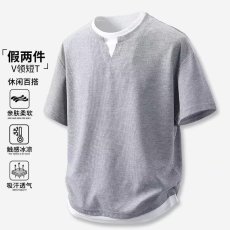 批发假两件亨利领短袖<b class='q'>t</b><b class='q'>恤</b>男夏2025新款季美式潮牌宽松半袖上衣服