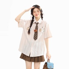 批发日系复古卡通刺绣短袖<b class='q'>衬衫</b>女2025夏休闲百搭高级感ins风<b class='q'>情侣</b><b class='q'>外穿</b>