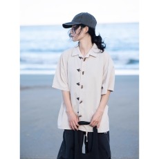 批发夏季日系复古牛角盘扣国风短袖衬衫<b class='q'>男</b>女休闲宽松新中式<b class='q'>唐装</b>衬衣