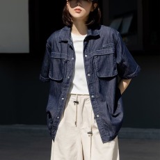 批发2025夏季日系复古水洗<b class='q'>牛仔</b>短袖衬衫男女美式宽松休闲百搭衬衣外套