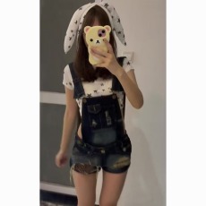 批发美式复古磨破<b class='q'>牛仔</b>背带短裤<b class='q'>女</b>夏季小个子辣妹破洞热裤包臀连体裤子