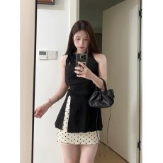 批发简约新款潮流<b class='q'>日系</b>挂脖蝴蝶结开叉背心波点T慵懒ins流行无品牌气质