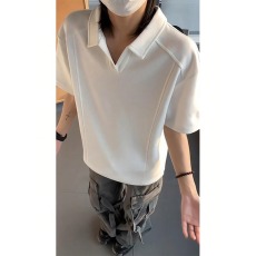 批发美式v领短<b class='q'>袖</b>polo衫男夏季重磅美式显肩宽廓形t恤boxy正肩<b class='q'>半截</b><b class='q'>袖</b>女