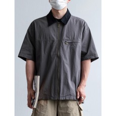 批发日系重磅复古纯棉撞色拉链<b class='q'>短袖</b><b class='q'>衬衫</b><b class='q'>男士</b>夏季宽松廓形工装<b class='q'>衬衣</b>外套
