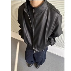 批发春秋短款痞帅高级感纯色<b class='q'>皮衣</b>外套<b class='q'>男</b>装宽松立领垫肩机车风PU皮夹克