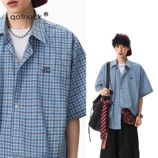 批发美式复古格纹刺绣短袖衬衫男夏季宽松POLO衫T恤设计感情侣<b class='q'>外套</b>