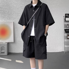 批发藏青色<b class='q'>休闲</b><b class='q'>衬衫</b>短袖套装泡泡纱<b class='q'>男</b>工装<b class='q'>衬衫</b>短裤<b class='q'>休闲</b>套装