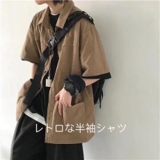 批发夏季新款日系改良复古工装<b class='q'>衬衫</b><b class='q'>男生</b>宽松短袖<b class='q'>衬衣</b>外套潮