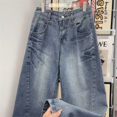 批发美式复古闪电纹水洗蓝色弯刀<b class='q'>牛仔裤</b>男女潮流设计感宽松做旧裤子