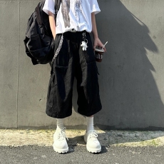 批发美式高街复古水洗大口袋阔腿七分<b class='q'>牛仔裤</b>男女同款夏季宽松工装中裤