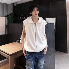 批发原宿夏季新款文艺百搭美式白色连帽背心<b class='q'>男</b>外穿拉链t恤气质潮流