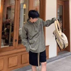 批发复古新款格纹纽扣连帽<b class='q'>卫衣</b><b class='q'>男</b>女春秋季高级感美式格子拼接套头上衣