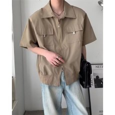 批发夏季小众短款垫肩短袖衬衫外套男潮牌金属<b class='q'>设计</b>感简约宽松高级衬衣