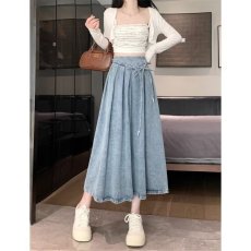 批发蓝色<b class='q'>牛仔</b>裙半身裙女春秋冬松紧腰高腰显瘦百褶裙长款半裙a字裙子