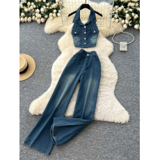批发欧美辣妹风复古做旧牛仔套<b class='q'>装</b>女夏季挂脖背心+高腰显瘦<b class='q'>修身</b>长<b class='q'>裤</b>子