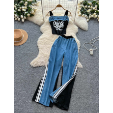 批发法式时尚<b class='q'>休闲</b>套装女夏季复古字母刺绣吊带短款背心高腰牛仔阔腿裤