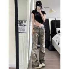 批发高街废土风破洞牛仔裤男女夏季新款数码印花<b class='q'>长裤</b>痞帅直筒微喇裤子