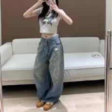 批发2025美式高街泼墨水洗牛仔裤男女宽松做旧阔腿显瘦拖地休闲<b class='q'>长裤</b>