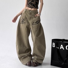 批发美式复古刺绣字母牛仔弯刀裤女2025夏<b class='q'>装</b>新款高个子工<b class='q'>装</b>阔腿长裤潮