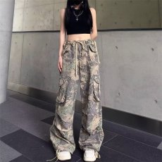 批发迷彩工装裤男女春秋大口袋阔腿裤子痞帅百搭宽松直筒休闲牛仔长裤