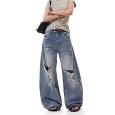 批发美式复古夏季新款竹节做旧破洞牛仔裤男女垂感休闲宽松直筒<b class='q'>长裤</b>