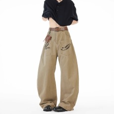 批发美式复古刺绣字母牛仔弯刀裤女2025夏<b class='q'>装</b>新款高个子工<b class='q'>装</b>阔腿长裤潮
