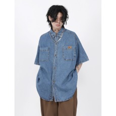 批发2025夏季新款美式复古牛仔衬衫男短袖ins潮牌<b class='q'>街头</b>高级感宽松衬衣