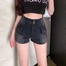 批发复古磨白高腰牛仔短裤女春夏新款弹力口袋显瘦辣妹a字阔腿热裤潮