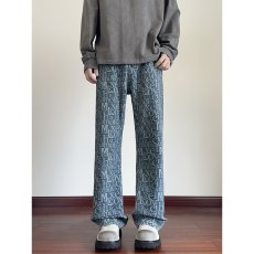 批发美式高街痞帅牛仔裤<b class='q'>男</b>款夏季字母满印提花<b class='q'>裤子</b>设计感微喇弯刀长裤